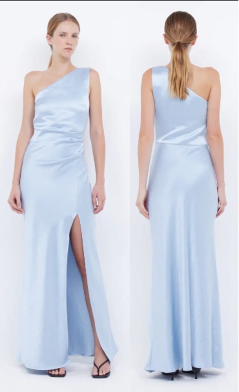 NWT Bec & Bridge The Dreamer Asymmetric Slit Maxi Dress Dusty Blue Women's US 4